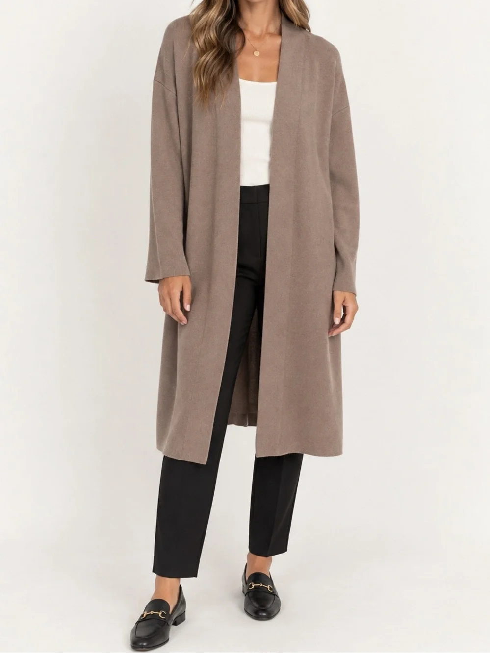 Uniqlo Longline Open Front Duster Cardigan Sweater Coatigan Taupe Brown Small